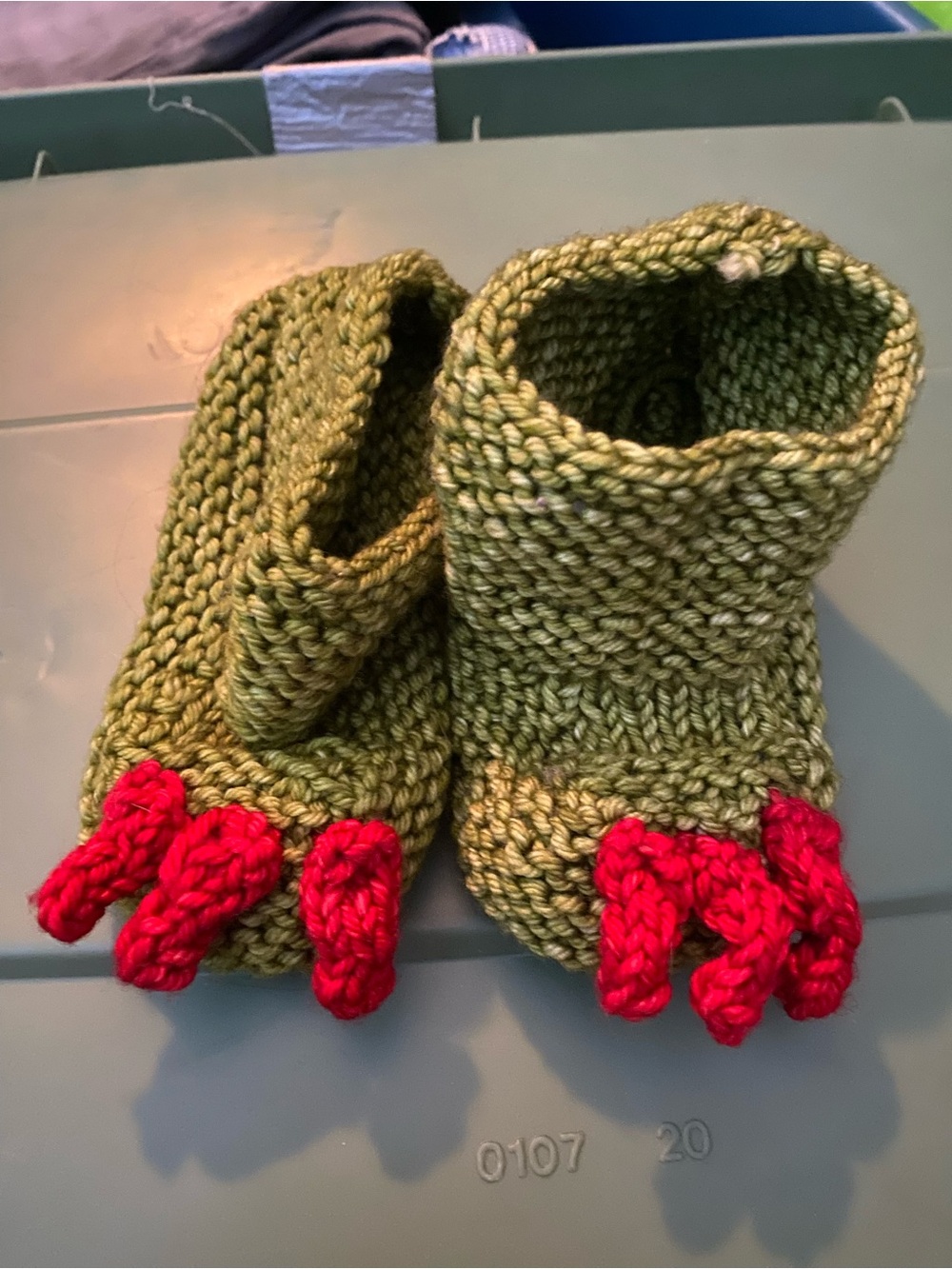 Hand-Knit Green Baby Booties with Red Claw Details
